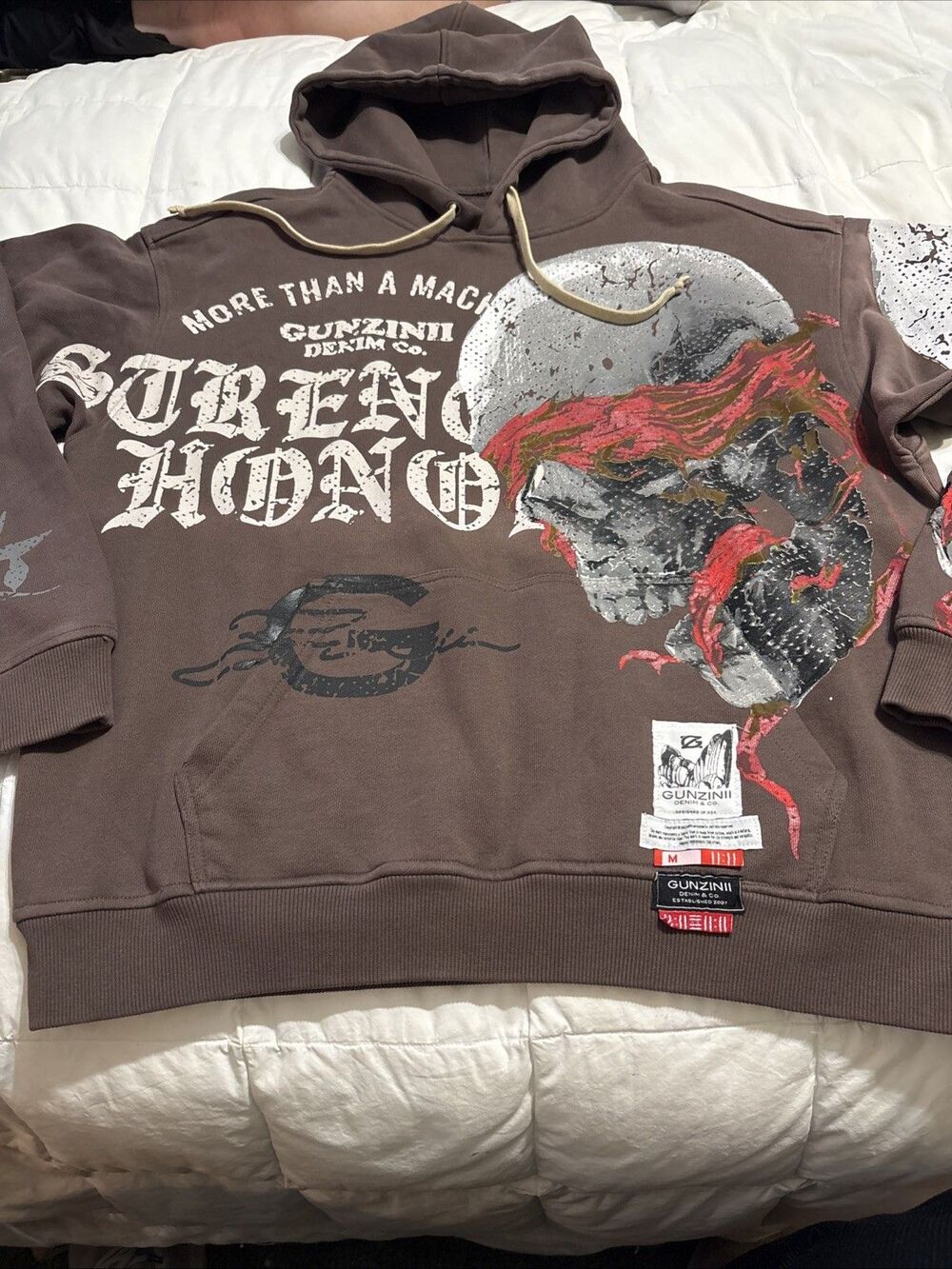 Official Gunzinii Brown Graphic Hoodie Size M (ANGLES WATCHING MY BACK) NWOT